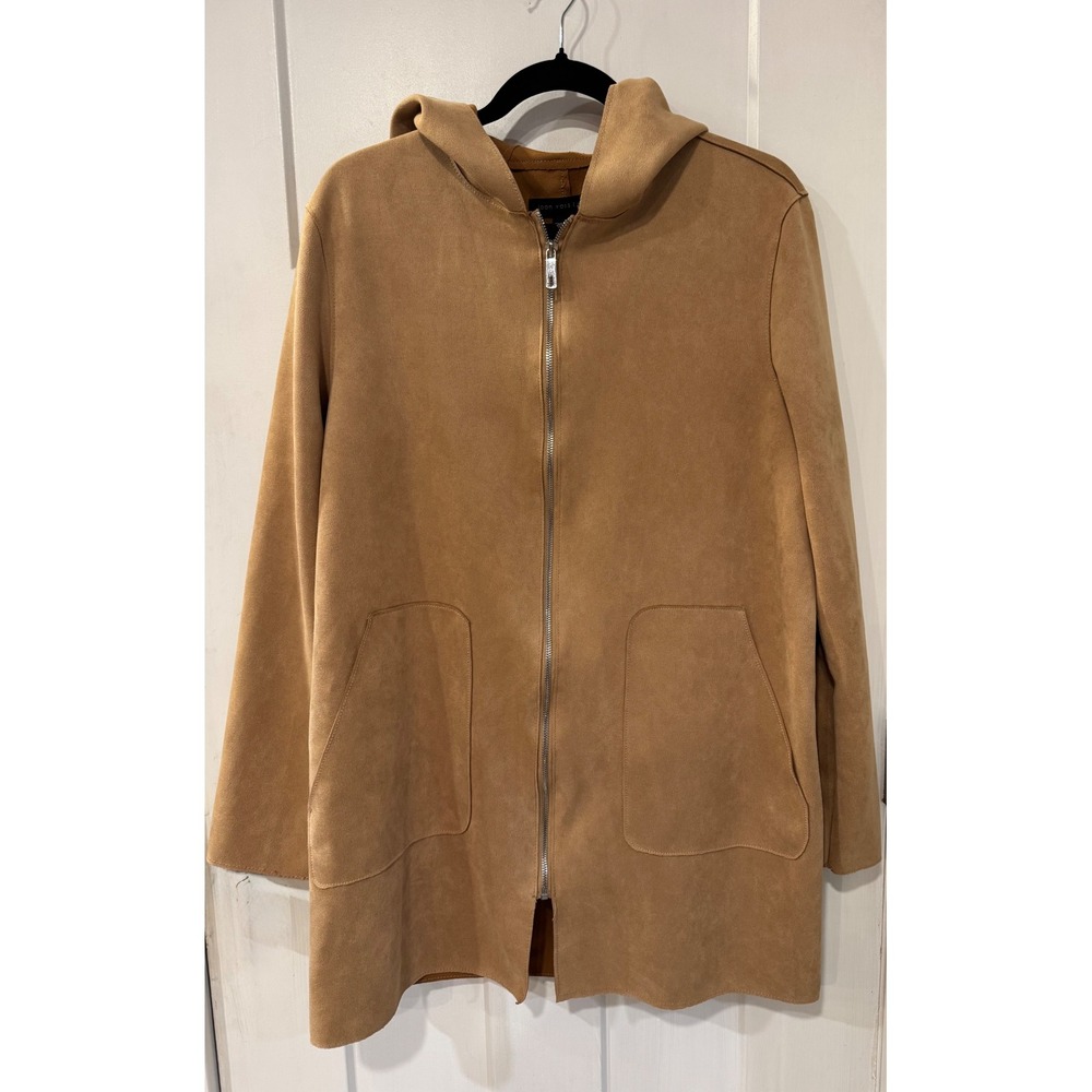 Joan Vass New York Womens Camel Faux Suede Hooded Zip Up Jacket Large Pockets L